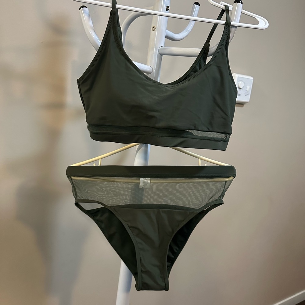 Olive green two piece swimwear, size is US large
